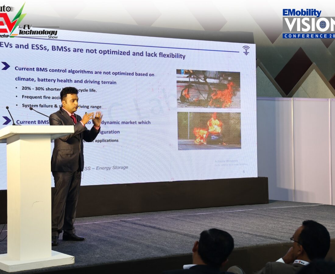 Dr. Raghu Raman Sekhar presenting on next-generation BMS challenges and safety at the E-Mobility Vision Conference - advancing the conversation on reliable energy systems.