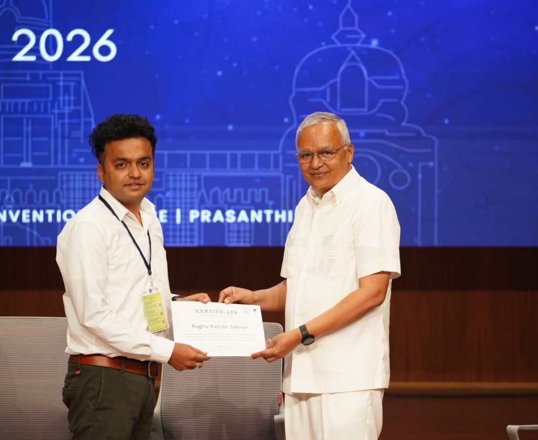 Dr. Raghu Raman Sekhar receiving recognition at Sri Sathya Sai Institute of Higher Learning (SSSIHL) for RC Labs , an important milestone in our journey.